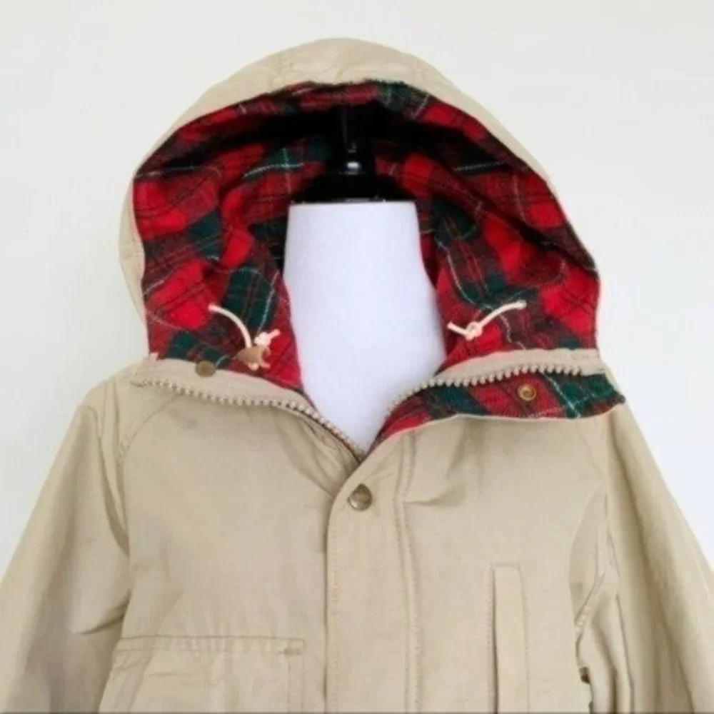 Vintage 80s Woolrich Tan Plaid Flannel Lined Hooded Anorak Utility Jacket Medium - Picture 3 of 16